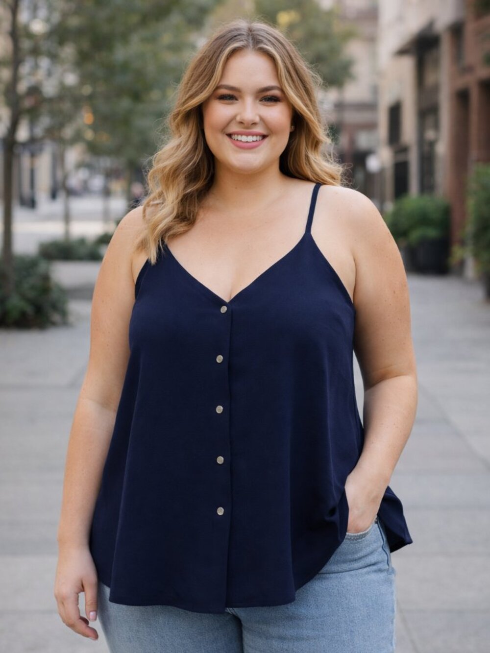2/$20 SALE Sweet Wanderer Blue Strappy Flare Button Front Blouse L Sheer Lined
